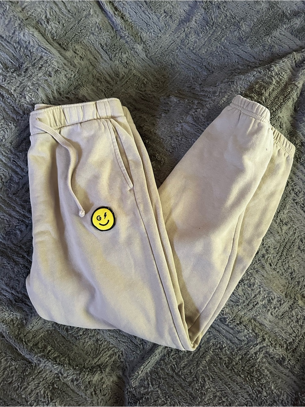 Gilly Hicks Beige XS Joggers with Yellow Smiley Patch